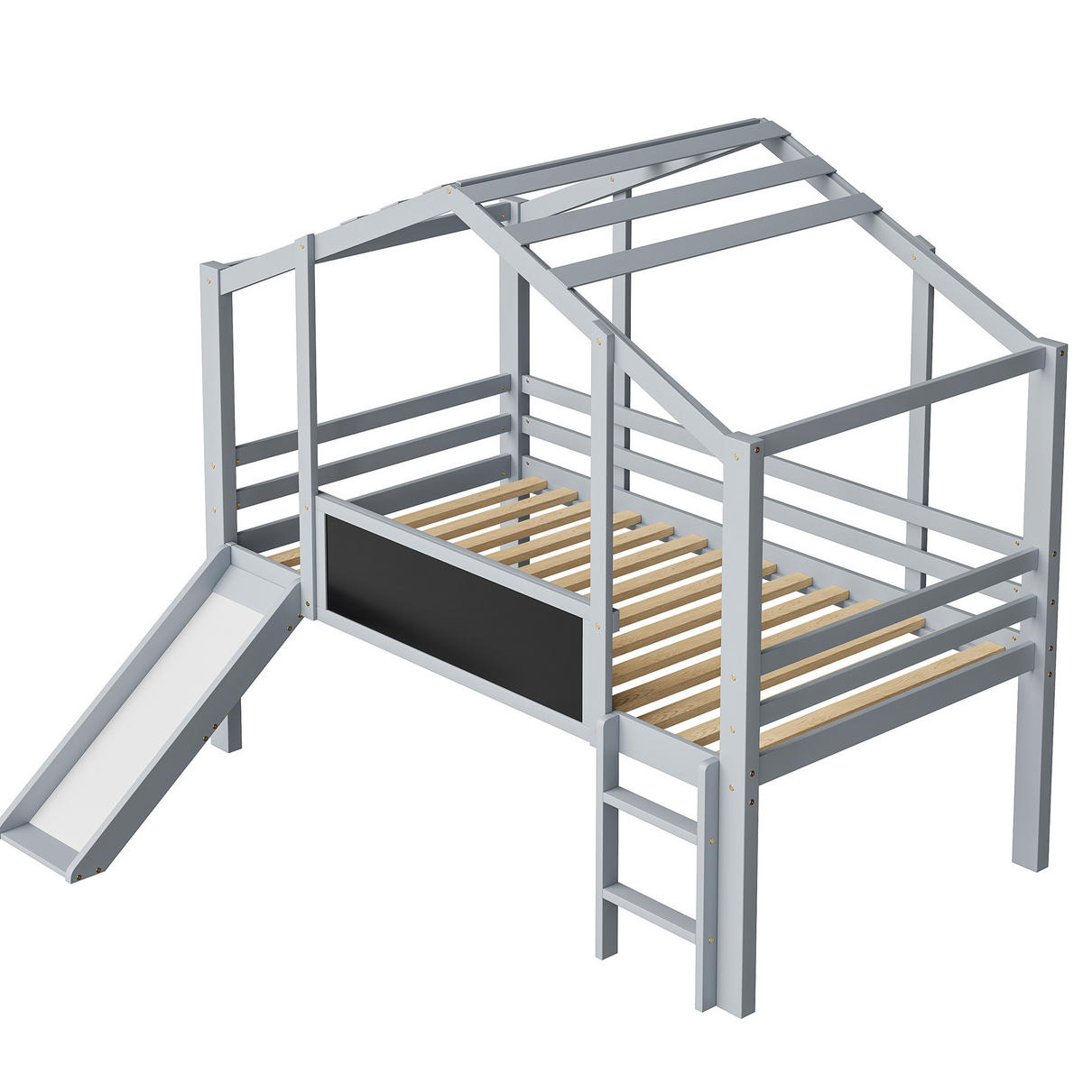 HAUSBETT 90/200 cm Grau aus Massivholz mit Rutsche und Tafel - Grau, Holz (90/200cm) - OKMYHOME