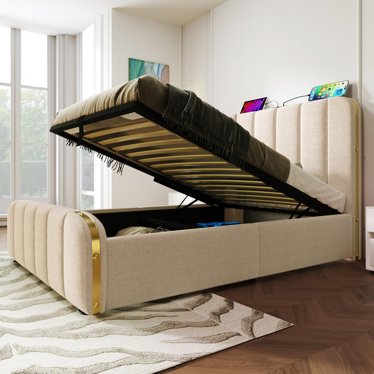 POLSTERBETT 90x200cm Einzelbett USB-C Hydraulik Goldstreifen Beige - Beige, Holz - FLIEKS