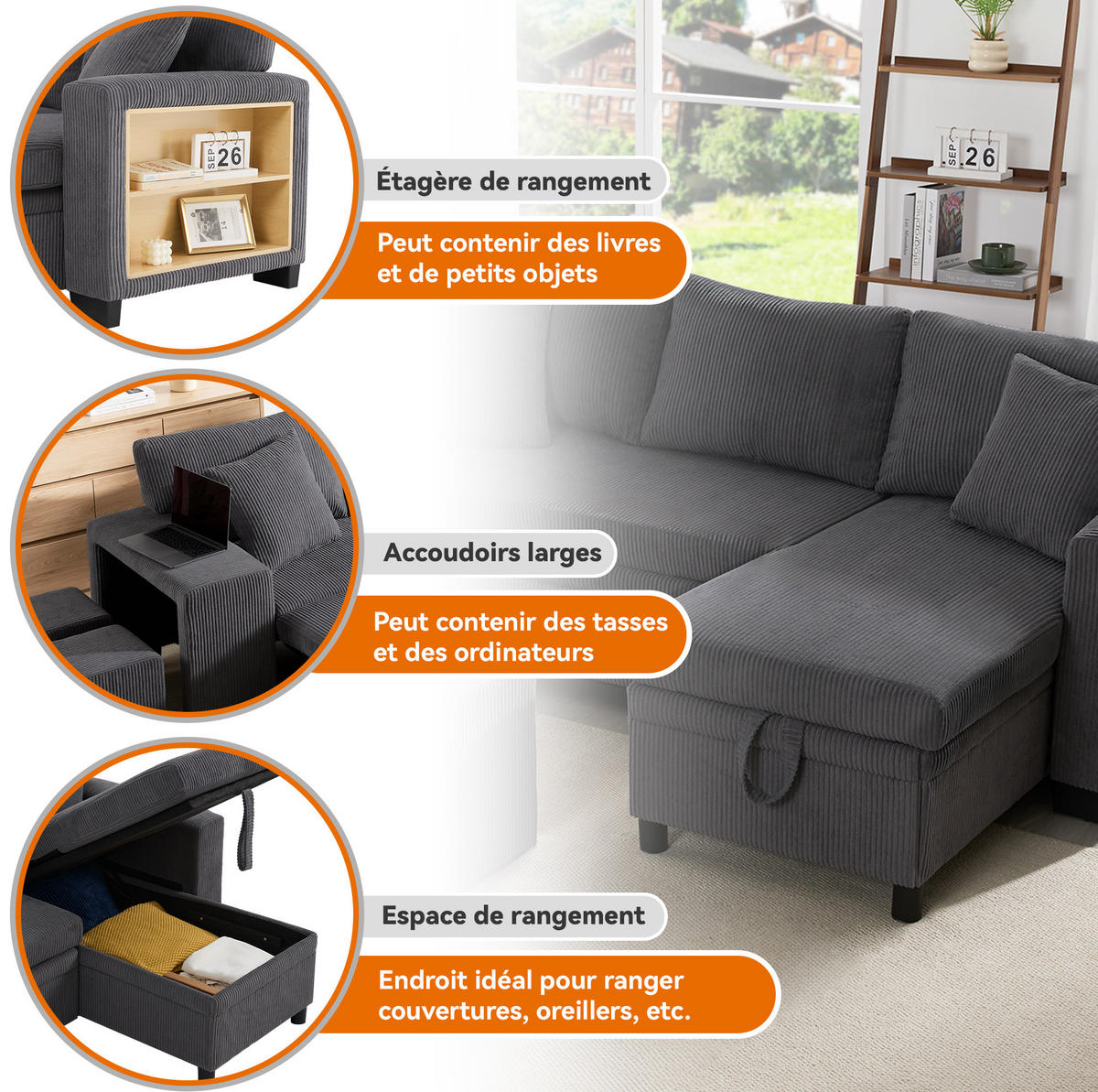 SCHLAFSOFA aus Cord Grau 231x131,5x84 cm mit Stauraum, USB- und Typ-C-Anschluss - Grau, Textil (131.5/84/231cm) - IVMEU