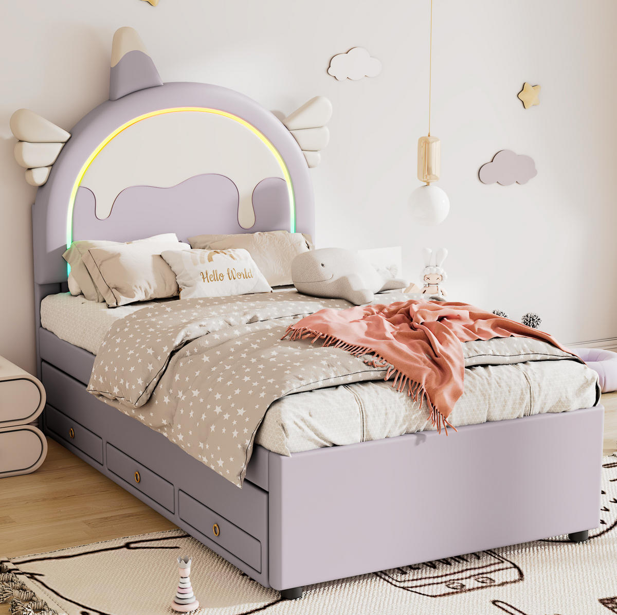 KINDERBETT 90/200 cm Einhornform Violett mit ausziehbarem Rollbett - Violett, Kunststoff (90/200cm) - OKWISH