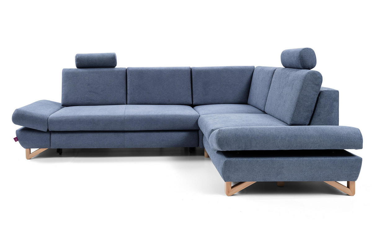 ECKSOFA CASA II R-S Blau Plüsch-Stoff mit Schlaffunktion - Blau, Holz (272/199cm) - MASSENO