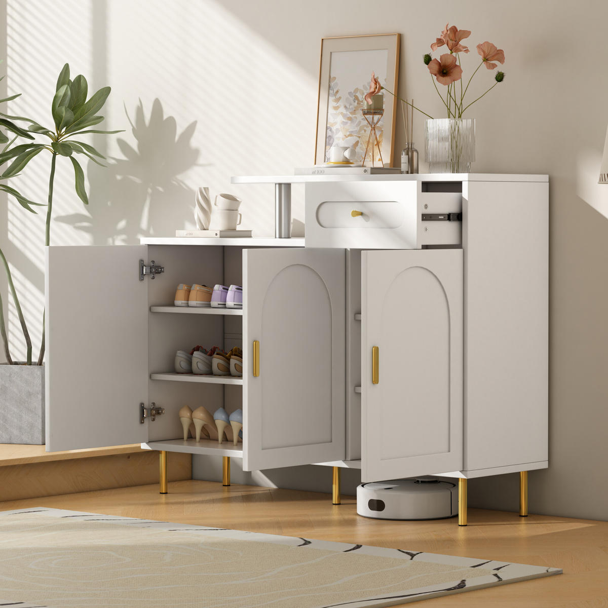 SCHUHSCHRANK mit Metallgriffen, 1 Schublade und 3 Türen - Weiß, Holzwerkstoff (35/92/120cm) - Urban Meuble