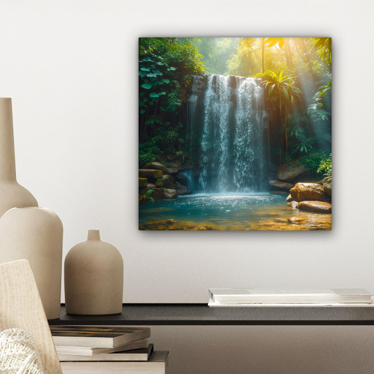 LEINWANDBILD Wasserfall - Dschungel - Sonne - Grün - Natur Deko Wohnzimmer 20x20 cm - Grün, Textil (20/20cm) - MuchoWow