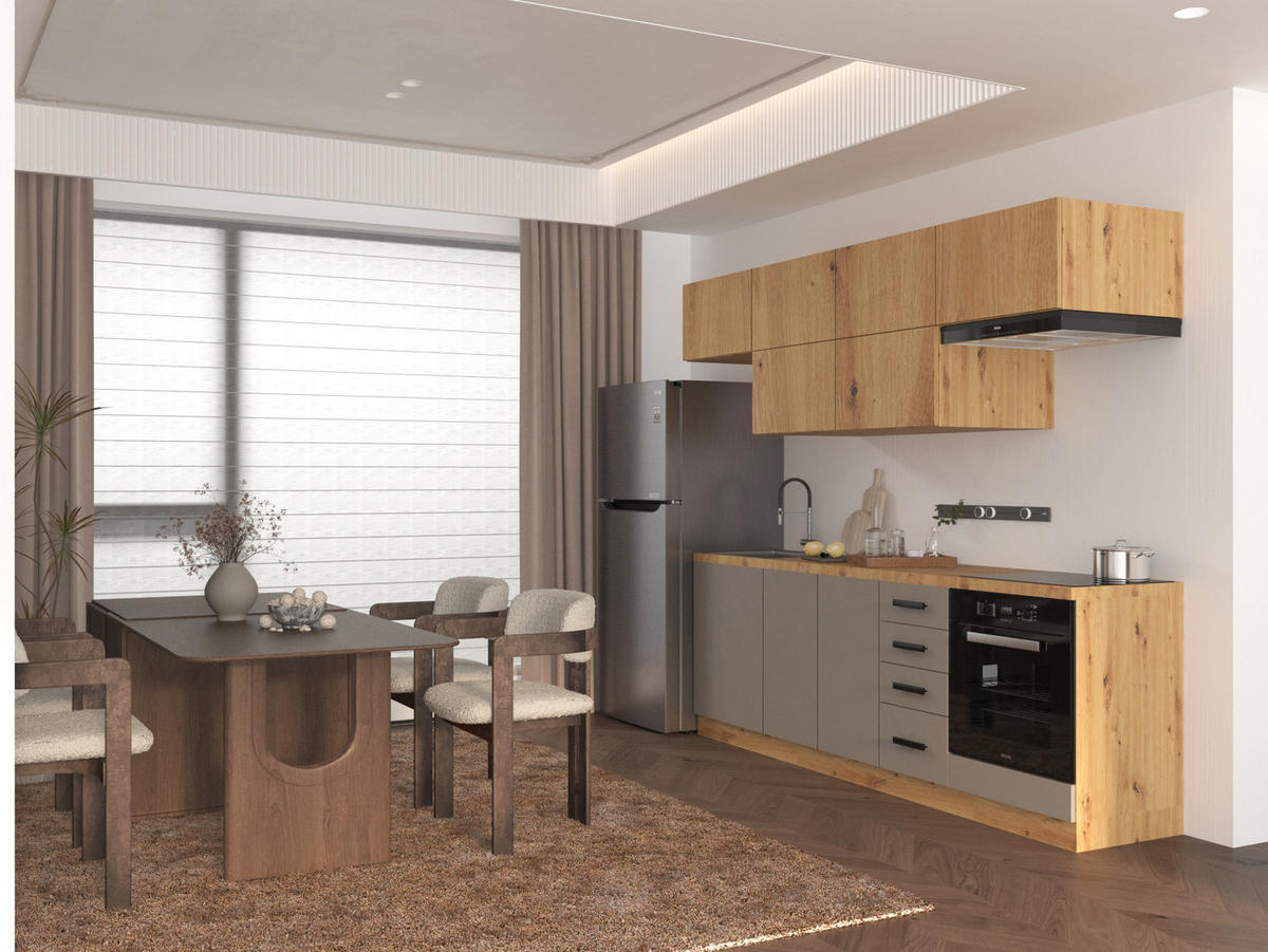 KÜCHENZEILE 240 - Langen KL2-M240 in Beige/Artisan Eiche - Beige/Schwarz, Holz/Metall (240/212/58cm)