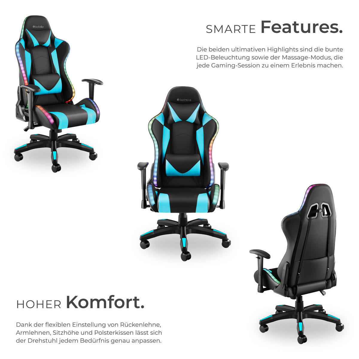 GAMINGSTUHL Tartaros,dicke Polsterung, Belastbarkeit 120 kg,schwarz/azur - Schwarz/Hellblau, Textil (66.5/126/69cm) - tectake