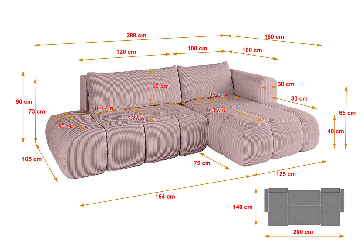 ECKSOFA Ottomane Rechts CLOUD-L 289x180x40 Rosa Cord - Rosa, Holzwerkstoff/Kunststoff (289/180cm) - ALTDECOR
