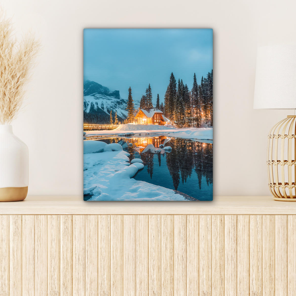 LEINWANDBILD Winterlandschaft - Natur - Haus - Berge - Schnee Room Decor 30x40 cm - Hellblau, Textil (30/40cm) - MuchoWow