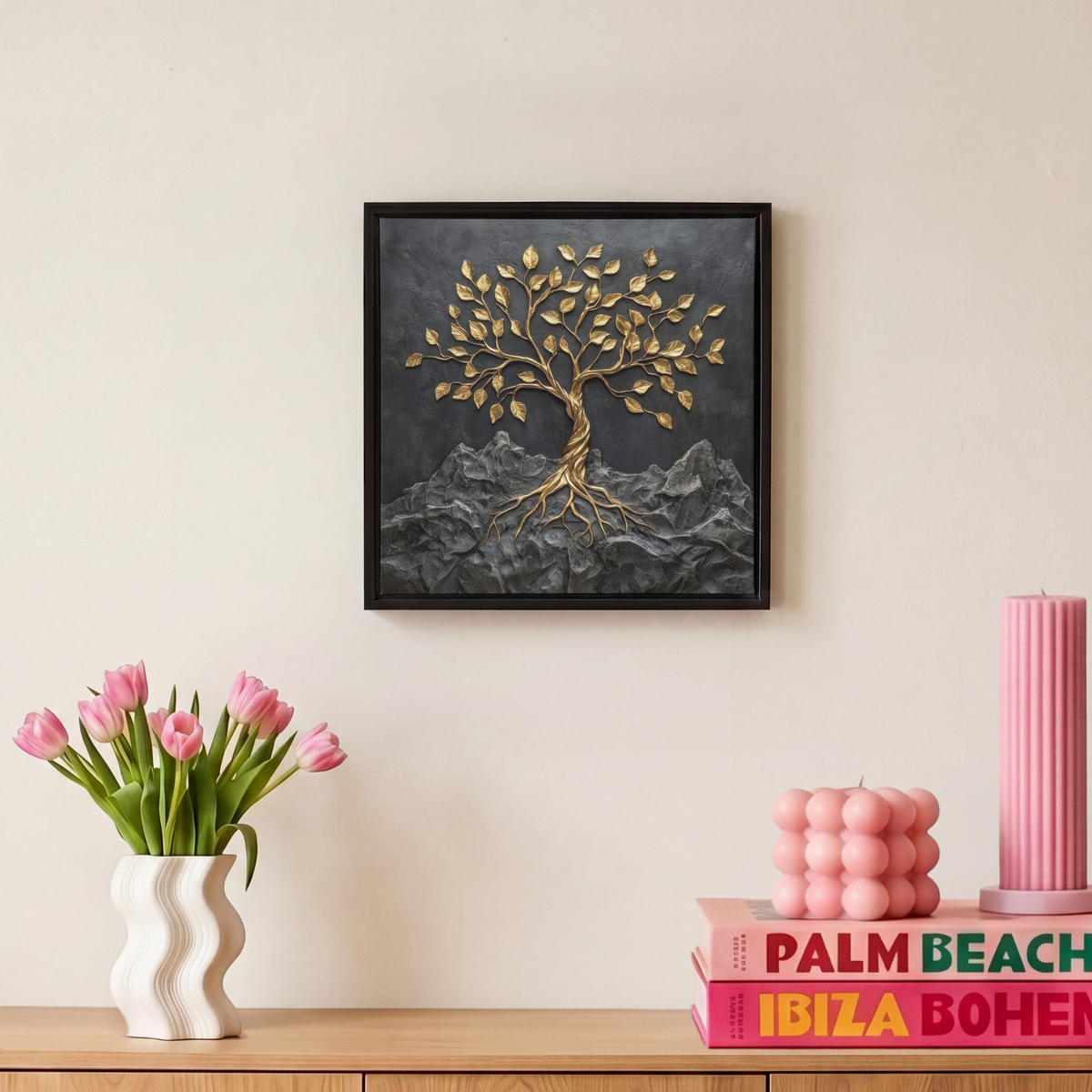 LEINWAND Bilder mit Rahmen - Blätter - Gold - Baum - Fels - 20x20 - Schwarz, Textil (20/20cm) - MuchoWow