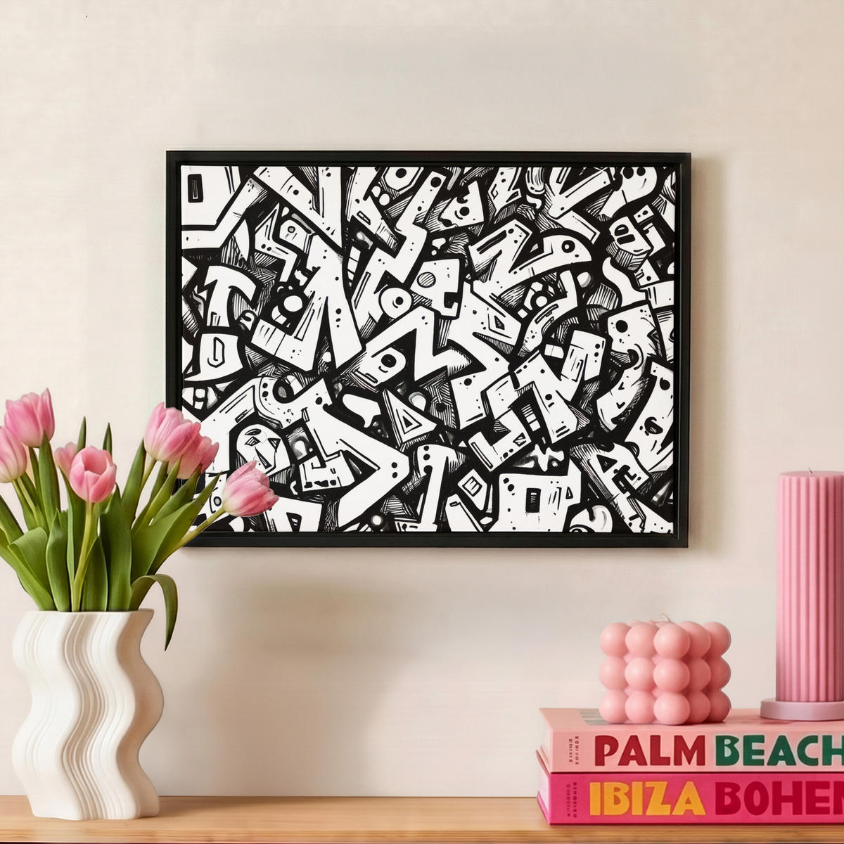 LEINWAND Bilder mit Rahmen - Formen - Buchstaben - Graffiti - Schwarz - 40x30 - Schwarz, Textil (40/30cm) - MuchoWow