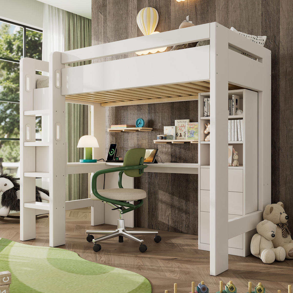 HOCHBETT 90/200 cm mit L-Schreibtisch, Regalen, Schubladen und USB/Type-C-Ladebereich, Weiß - Weiß, Holzwerkstoff (90/200cm) - Redom