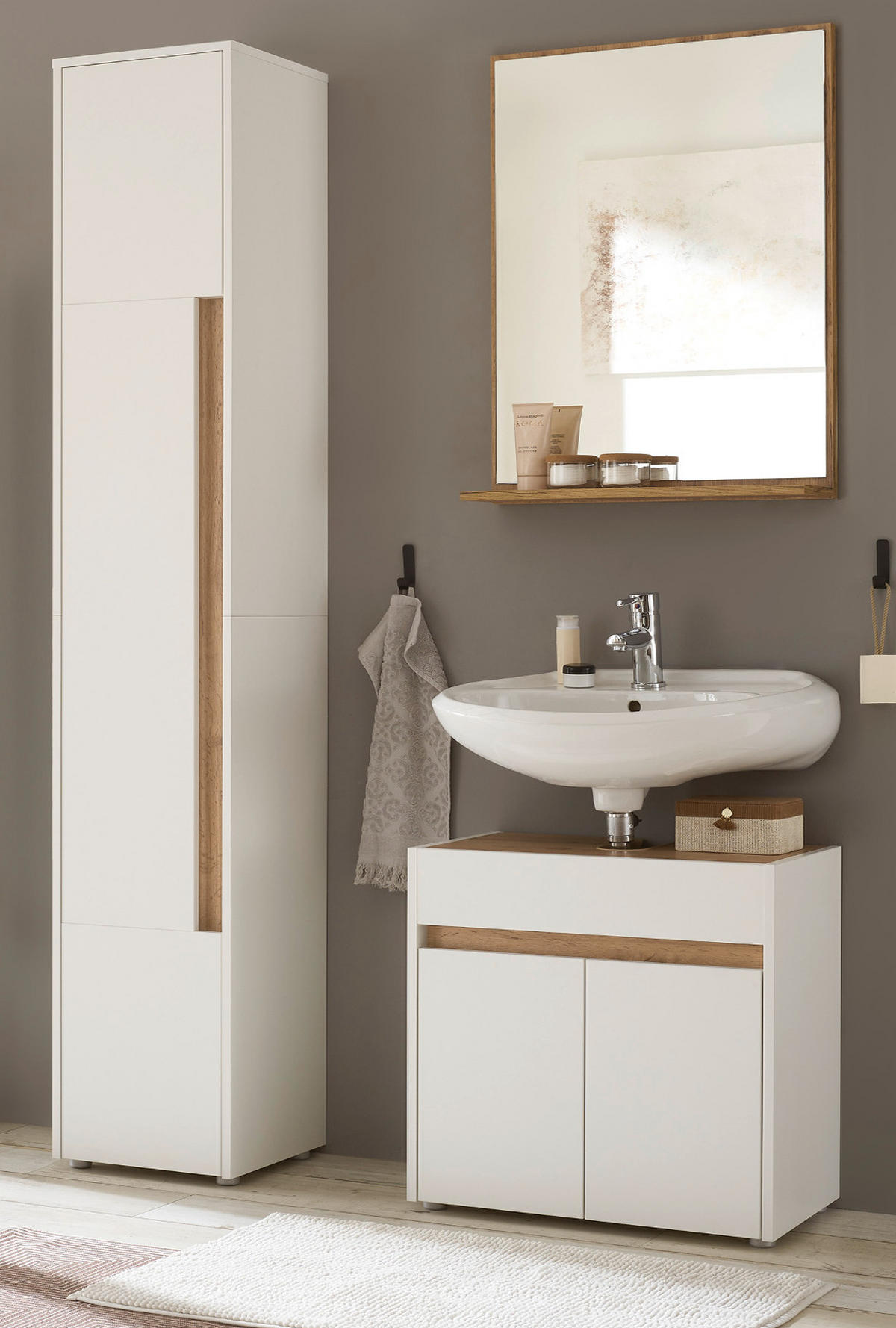 BADMÖBEL-SET 3-teilig weiß, Wotan Eiche, Badkombination 114 cm - Silberfarben/Eiche Wotan, Glas/Holz (116/200/34cm) - Furn.Design
