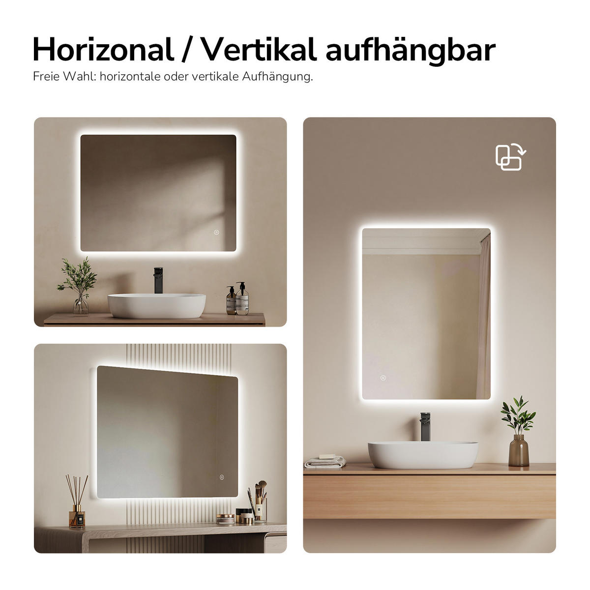 BADSPIEGEL mit Anti-Beschlag Beleuchtung Rechteckig 80/60 cm - Weiß, Glas (60/3/80cm) - EMKE