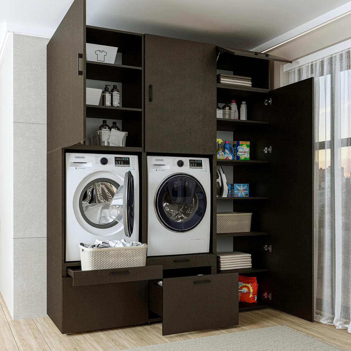 WASCHMASCHINENSCHRANK Serie 2 194cm Breit, 240cm Hoch - Schwarz, Holzwerkstoff (194/240/67cm)