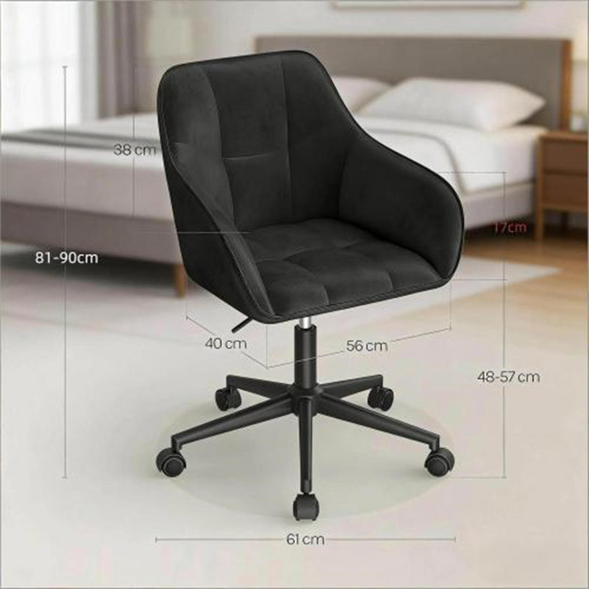 DREHSTUHL Ergonomisch Schwarz, Metall & Samt, höhenverstellbar, drehbar & rollbar, 61 x 40,5 x 40 cm - Schwarz, Metall (61/40/40.5cm) - Albatros