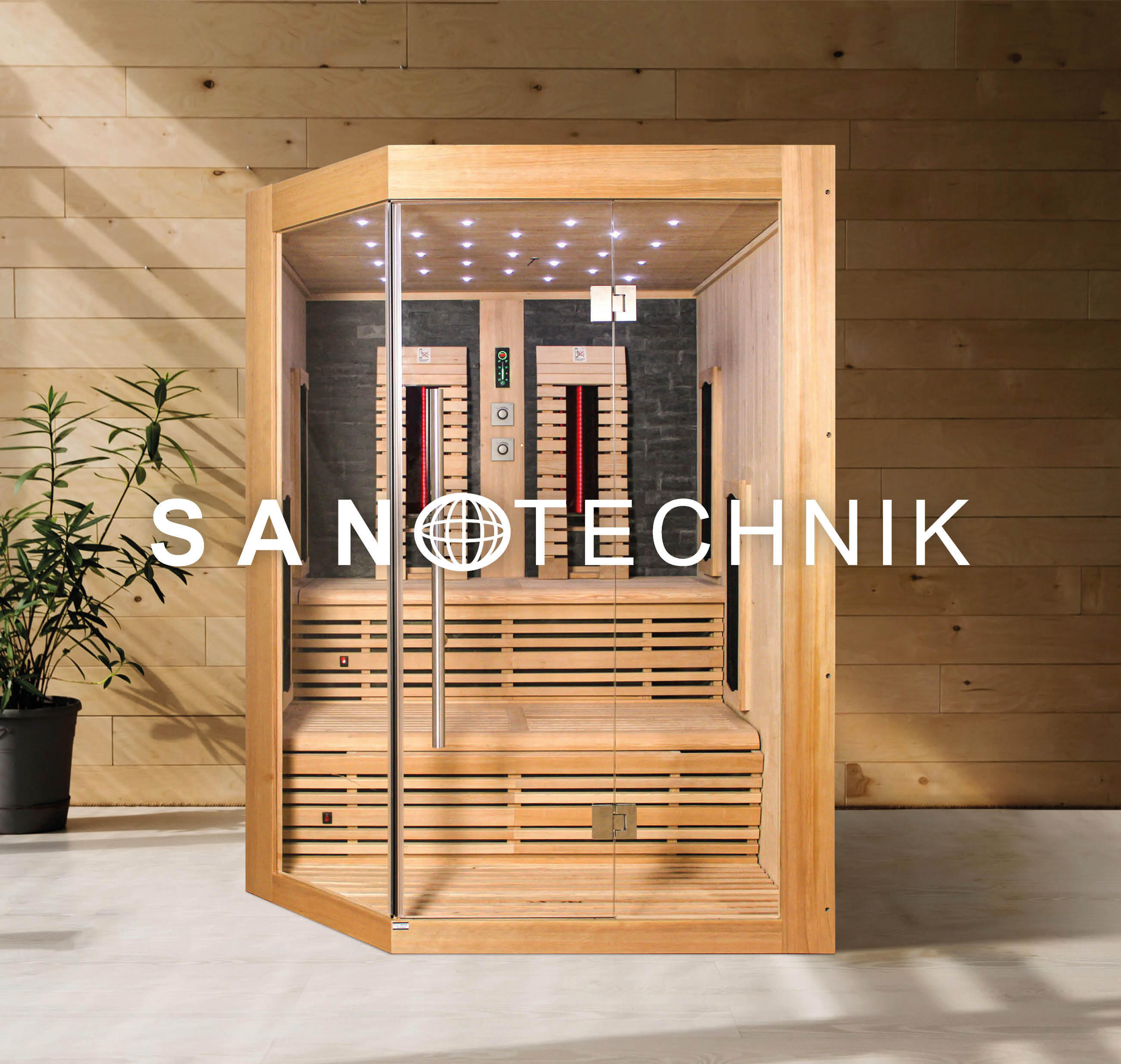 Moderne Sanotechnik-Sauna mit Holzverkleidung und Glasfront, ideal für Entspannung und Wellness.