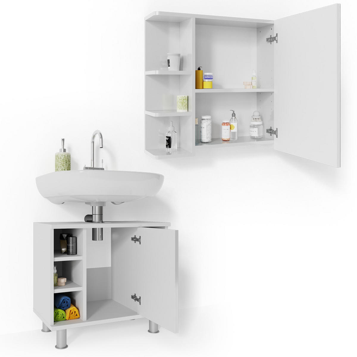 BADMÖBEL-SET Fynn Weiß Hochglanz 2 Teile - Weiß Hochglanz/Weiß, Holzwerkstoff (60/54/32cm) - Vicco