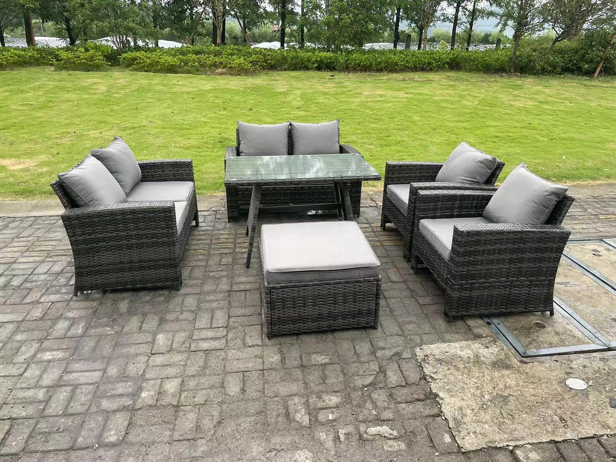 GARTENTISCHGRUPPE Polyrattan 7-Sitzer Grau - Dunkelgrau/Grau, Glas/Kunststoff - Fimous