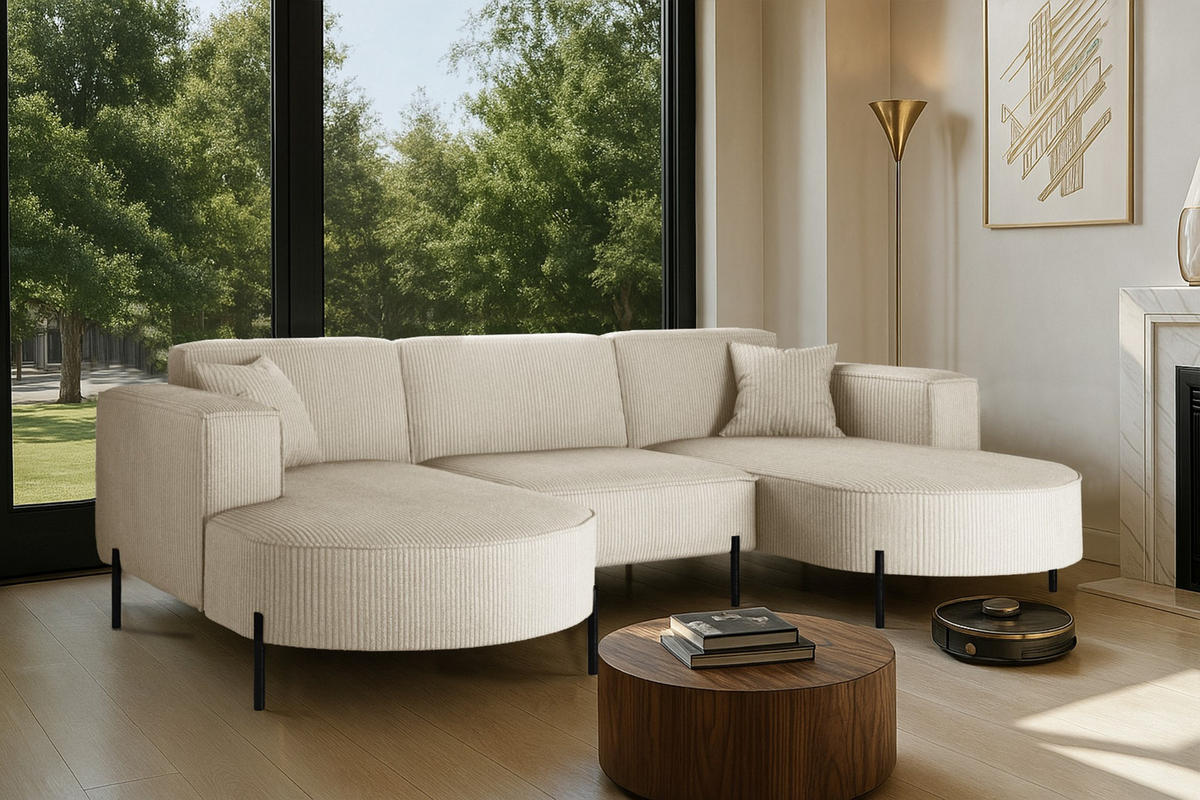 ECKSOFA Designer Modena U Rein stoff Poso Beige - Beige, Holz (165/299cm) - Kaiser Möbel