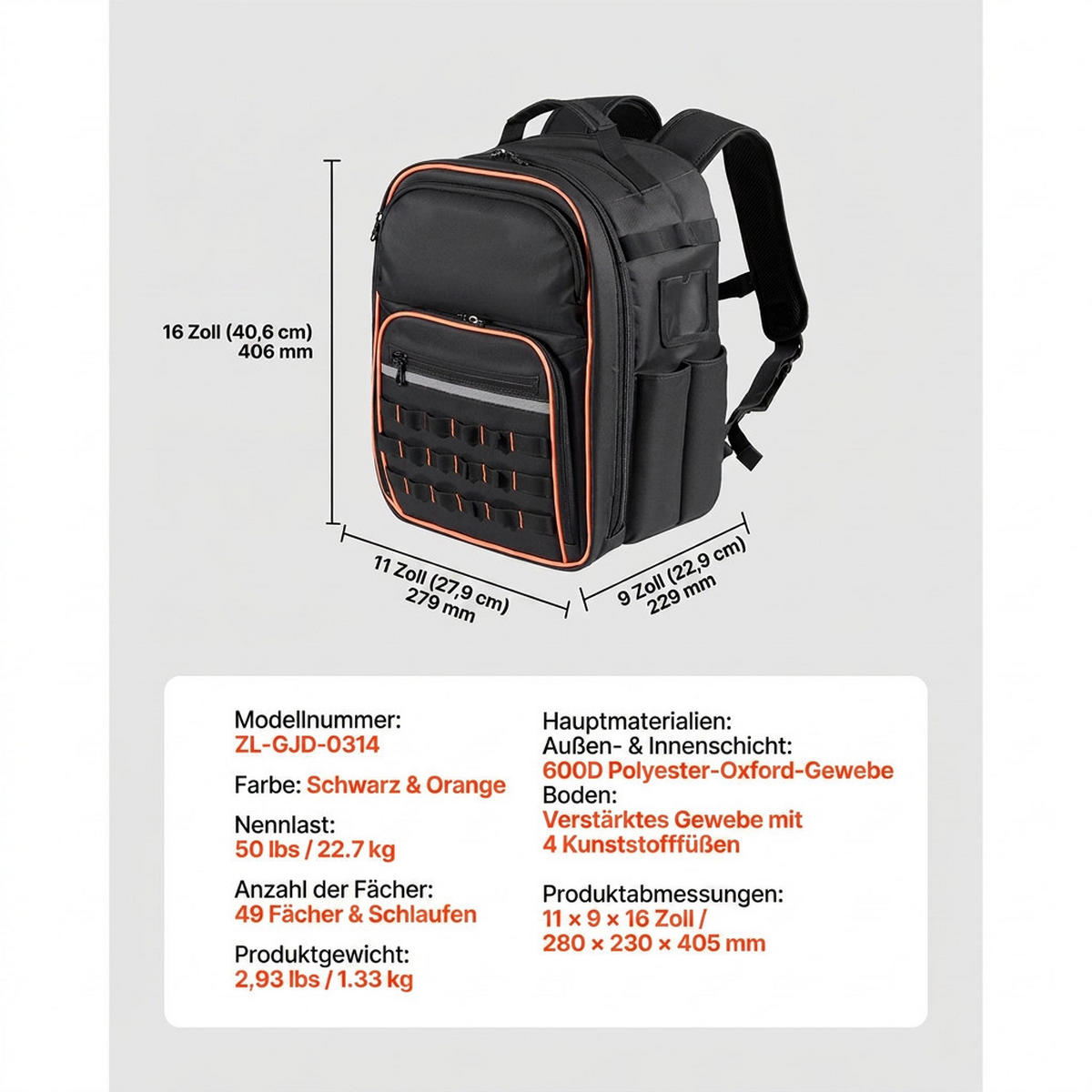 WERKZEUGTASCHE 49 Taschen Laptopfach-verstärkter Boden Elektriker - Schwarz, Textil (10/10/10cm) - Raelunyi