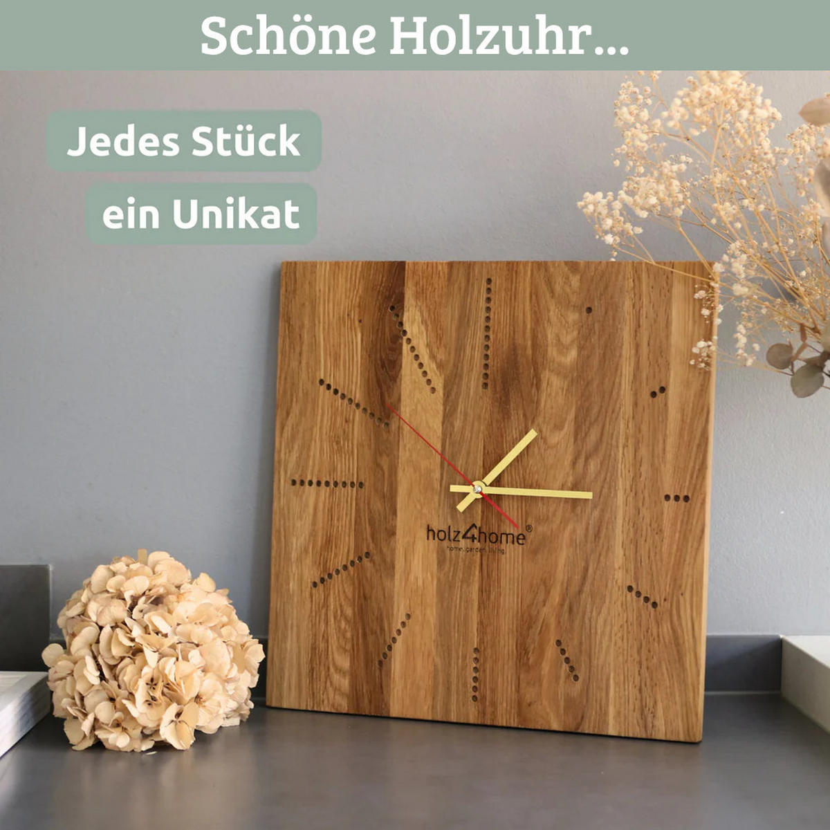 WANDUHR groß Holz INA EICHENHOLZ 39x39 cm Massivholz Geräuschlos - Braun, Holz (39/39/2cm) - DELUKE
