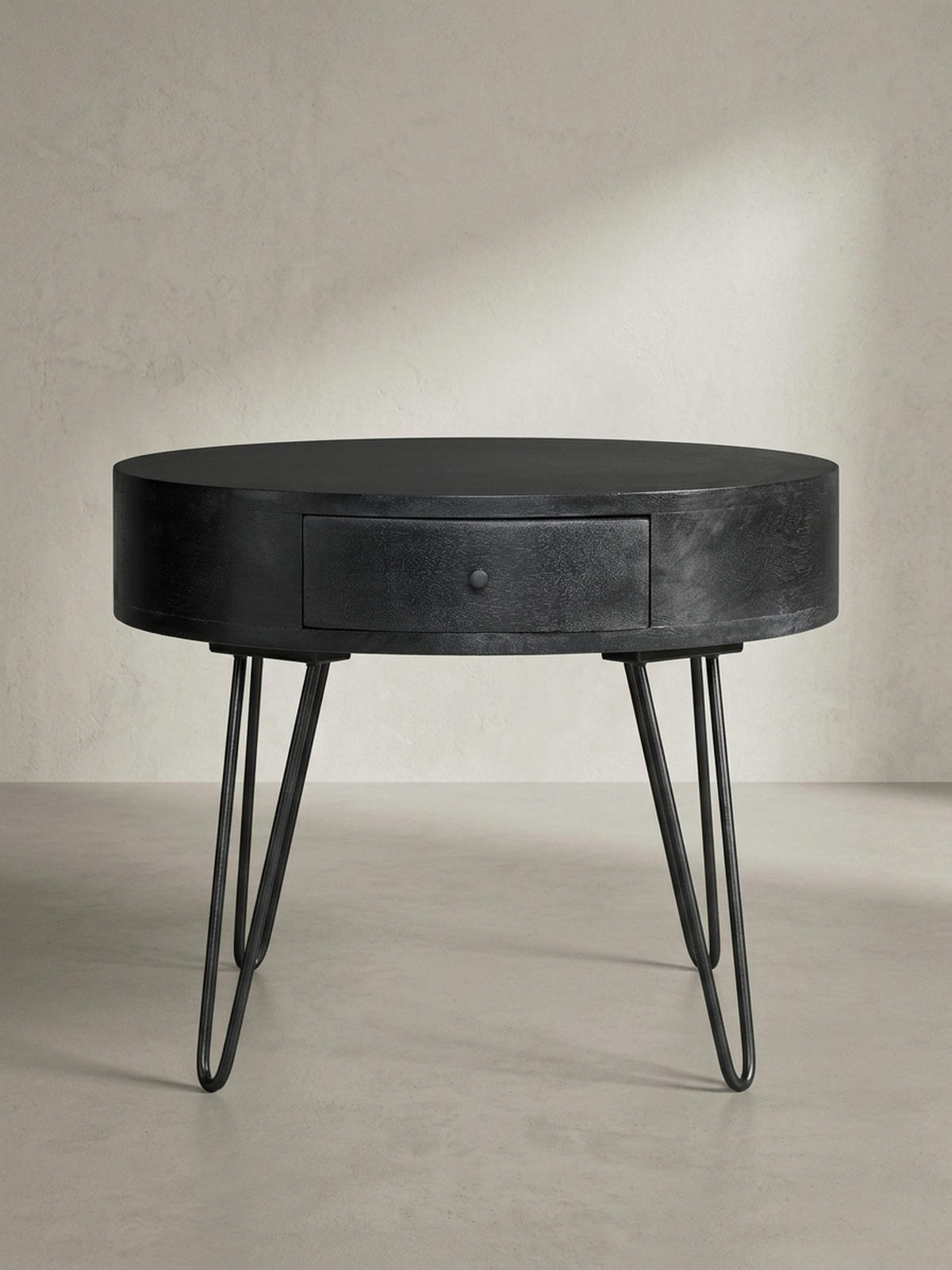 COUCHTISCH Rund Mango Massivholz Metall, 60x60x43 cm, mit Schublade, Stauraum und Haarnadelbeinen - Schwarz, Holz/Metall (60/60/43cm) - KADIMA DESIGN