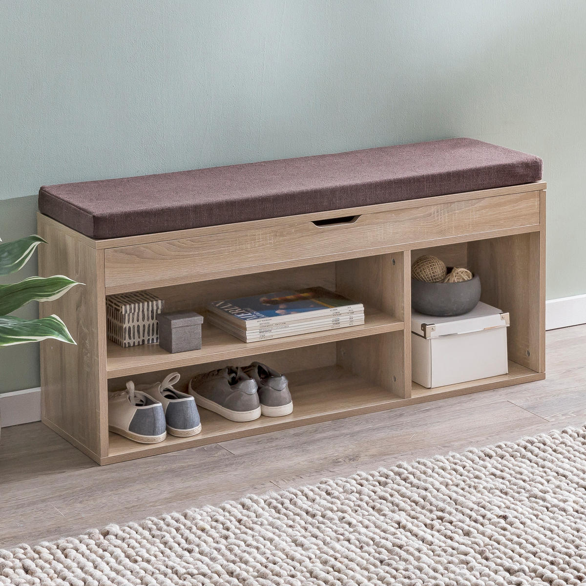 GARDEROBENBANK Holz gepolstert mit Stauraum, Beige 104x32x51 cm - Beige/Braun, Holz/Textil (104/51/32cm) - KADIMA DESIGN