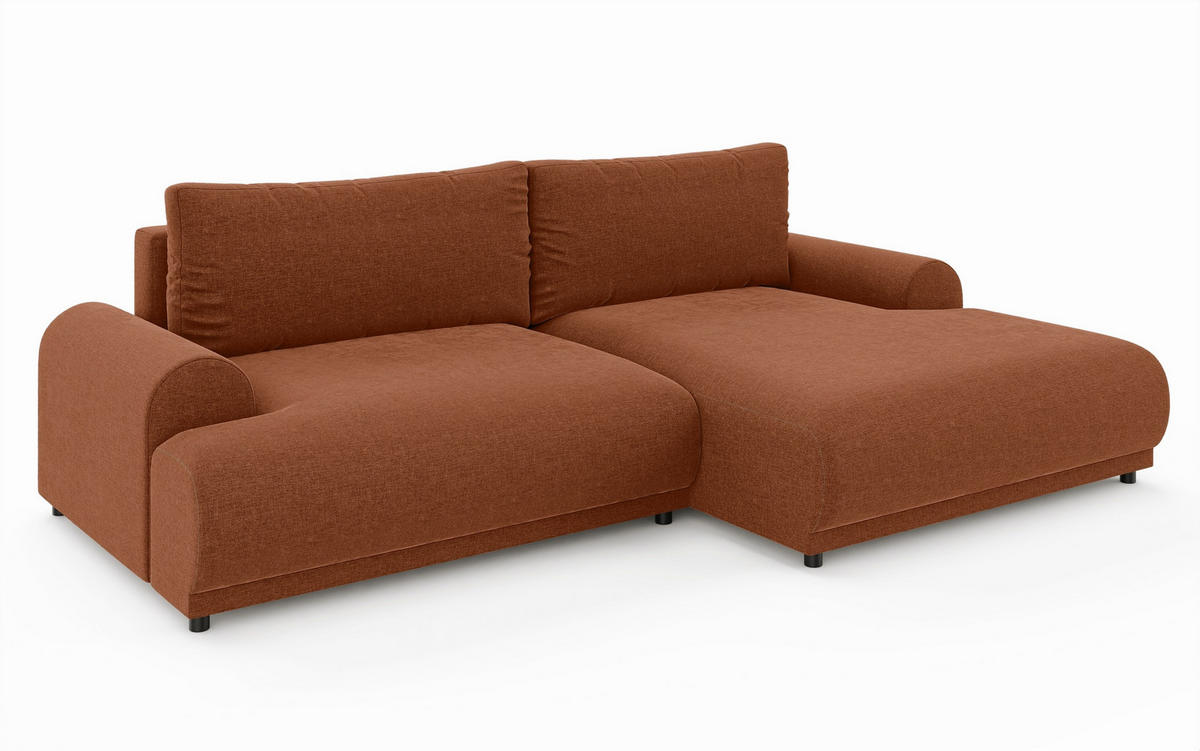 ECKSOFA mit Schlaffunktion, Bettkasten, extrabreite Ottomane rechts, abgerundete Armlehnen, B240/T145/H81 cm, Chenille Terracotta / 21023 - Terracotta/Schwarz, Kunststoff/Textil (240/145cm) - luma-home