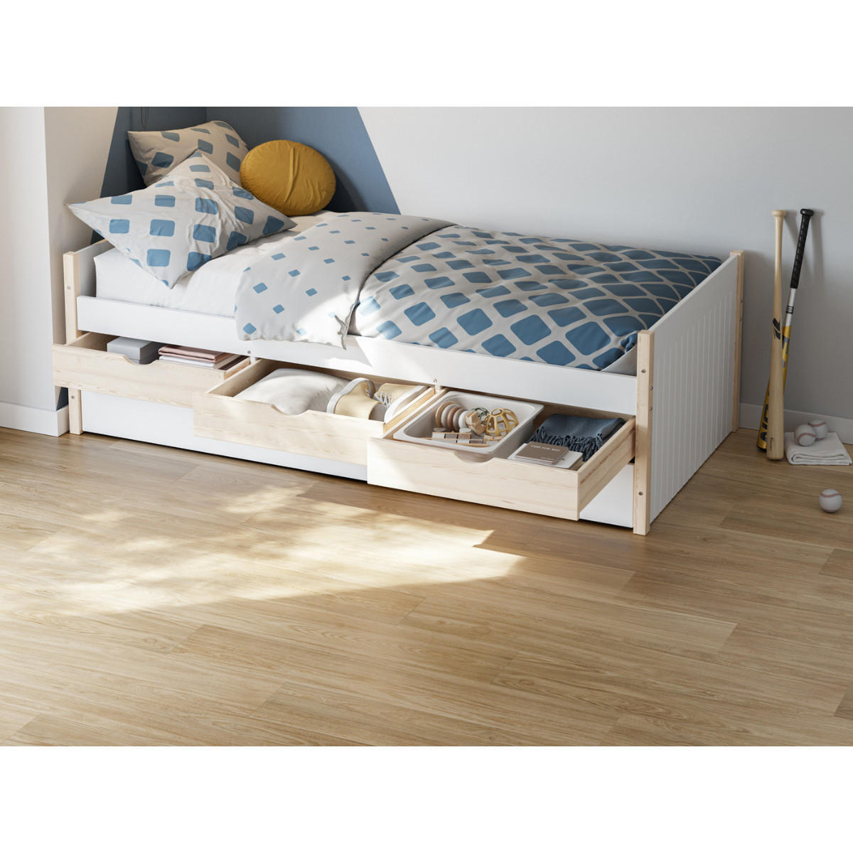 BETT mit 3 Schubladen + 1 Schublade für Bettwäsche 90x190 cm in lackiertem Weiß und hellem Holz. 98,2/205/63 cm - Weiß, Holz (90/190cm) - Calicosy
