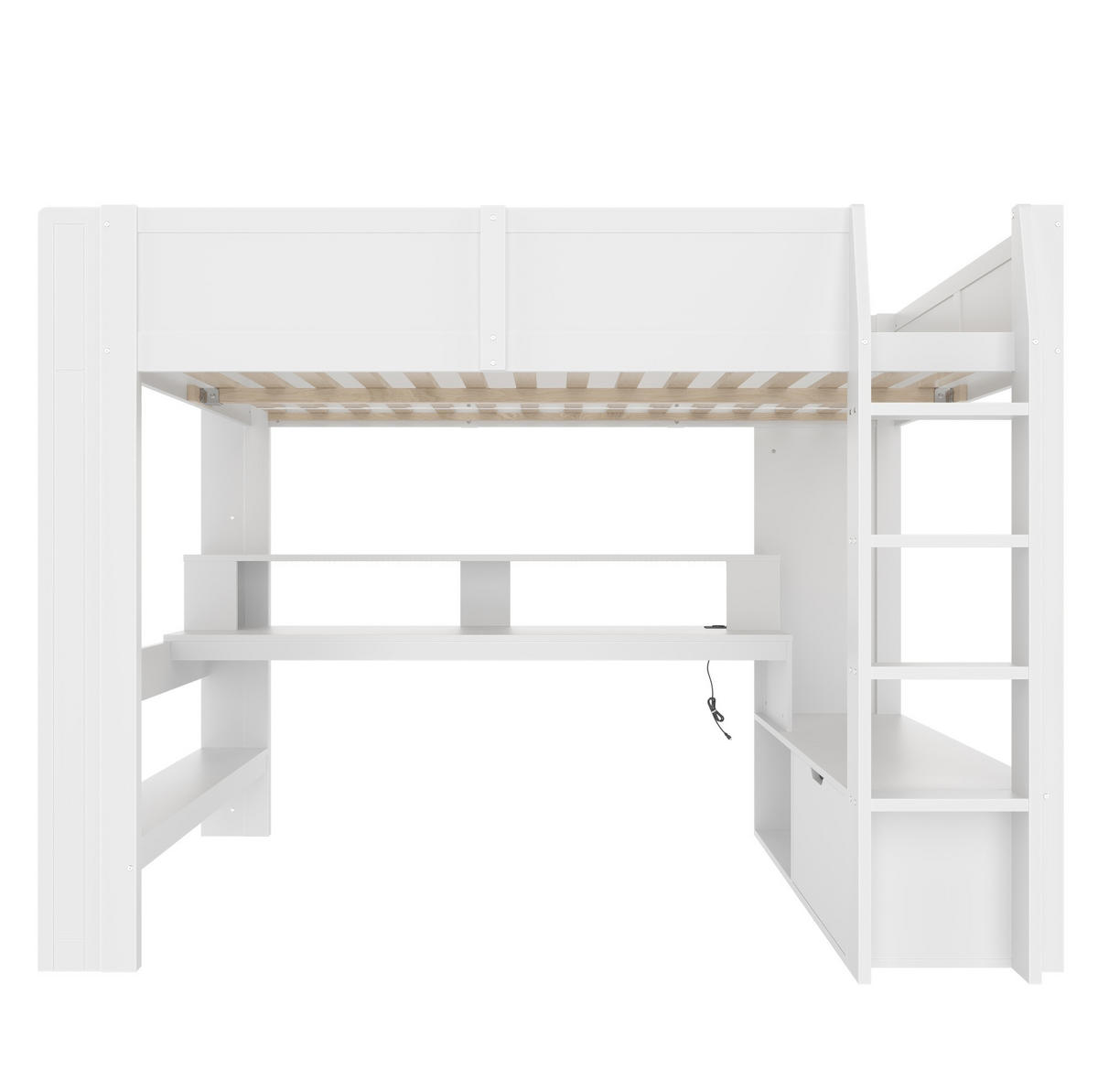 HOCHBETT aus Kiefernholz 140x200 cm in Weiß mit Schreibtisch & LED-Beleuchtung - Weiß, Holz (140/200cm) - Modfu