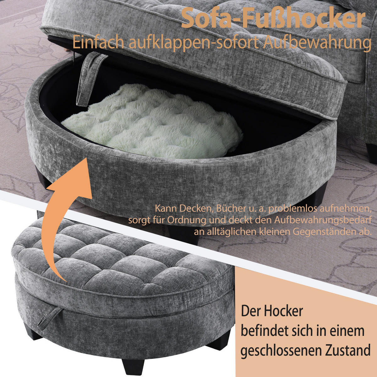 SOFA-BETT 132/129/93 cm aus Eukalyptusholz mit Aufbewahrungshocker Dunkelgrau - Dunkelgrau, Holz (129/93/132cm) - Modenvie