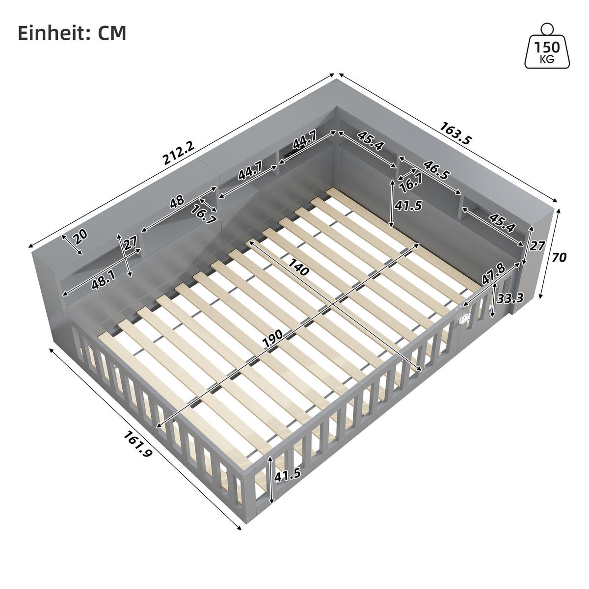 TAGEBETT 140x190cm Grau Spanplatte Bettseite Staufach Steckdose USB - Grau, Holz (140/190cm) - FLIEKS