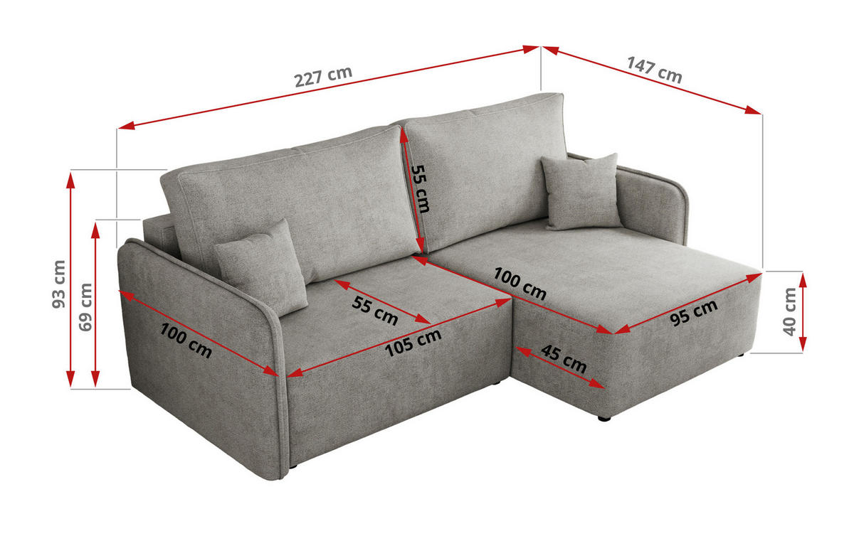 ECKSCHLAFSOFA MESTO L Hellgrau Struktur - links - Hellgrau/Schwarz, Kunststoff/Textil (227/147cm) - MKS