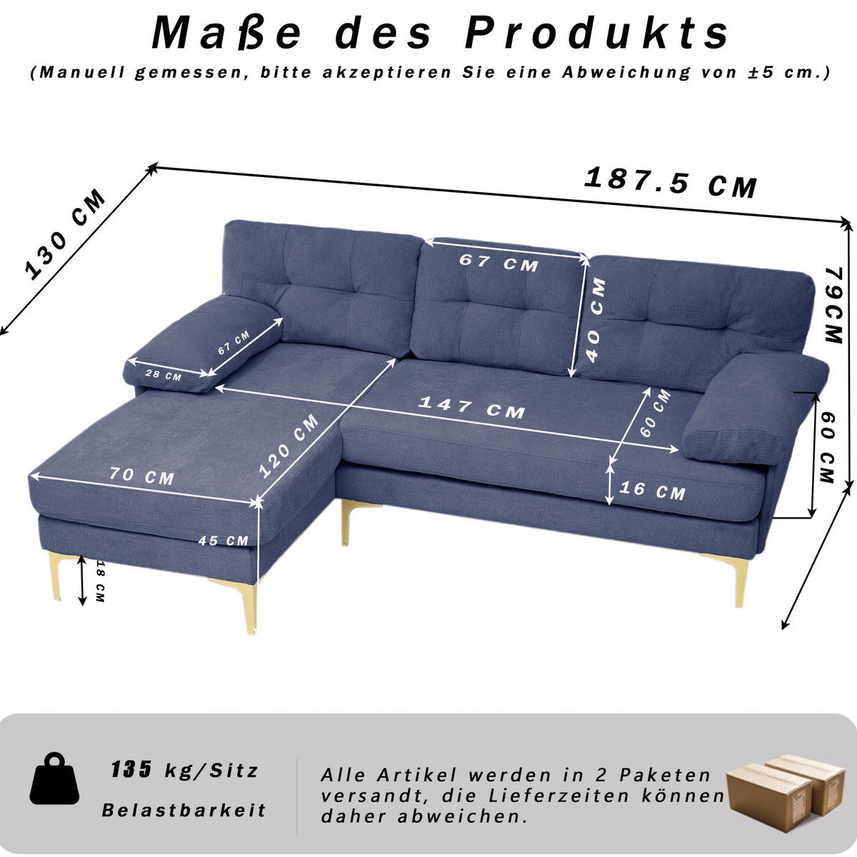L-FÖRMIGES ECKSOFA Blau 187,5/130/79 cm 3-Sitzer Chenillebezug - Blau, Holz (187.5/130cm) - PANGIVO