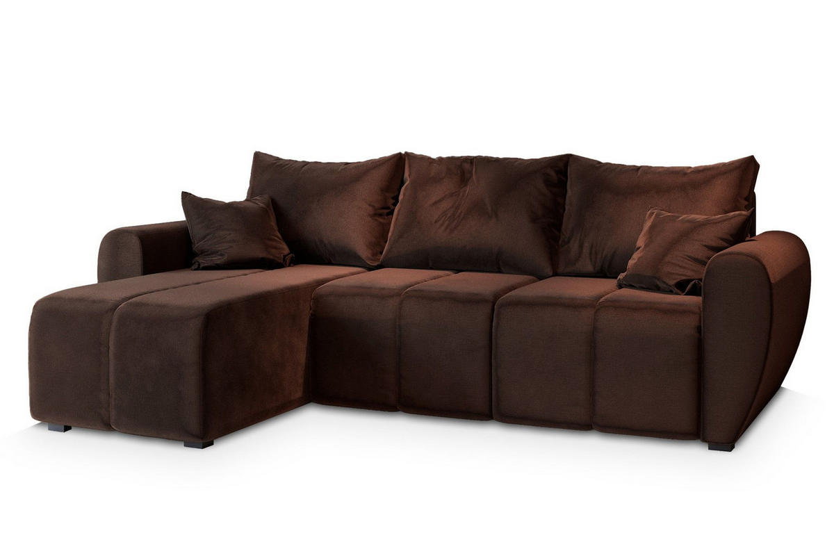 ECKSOFA MADISON Braun Plüsch-Stoff mit Schlaffunktion - Braun, Holz (246/143cm) - MASSENO
