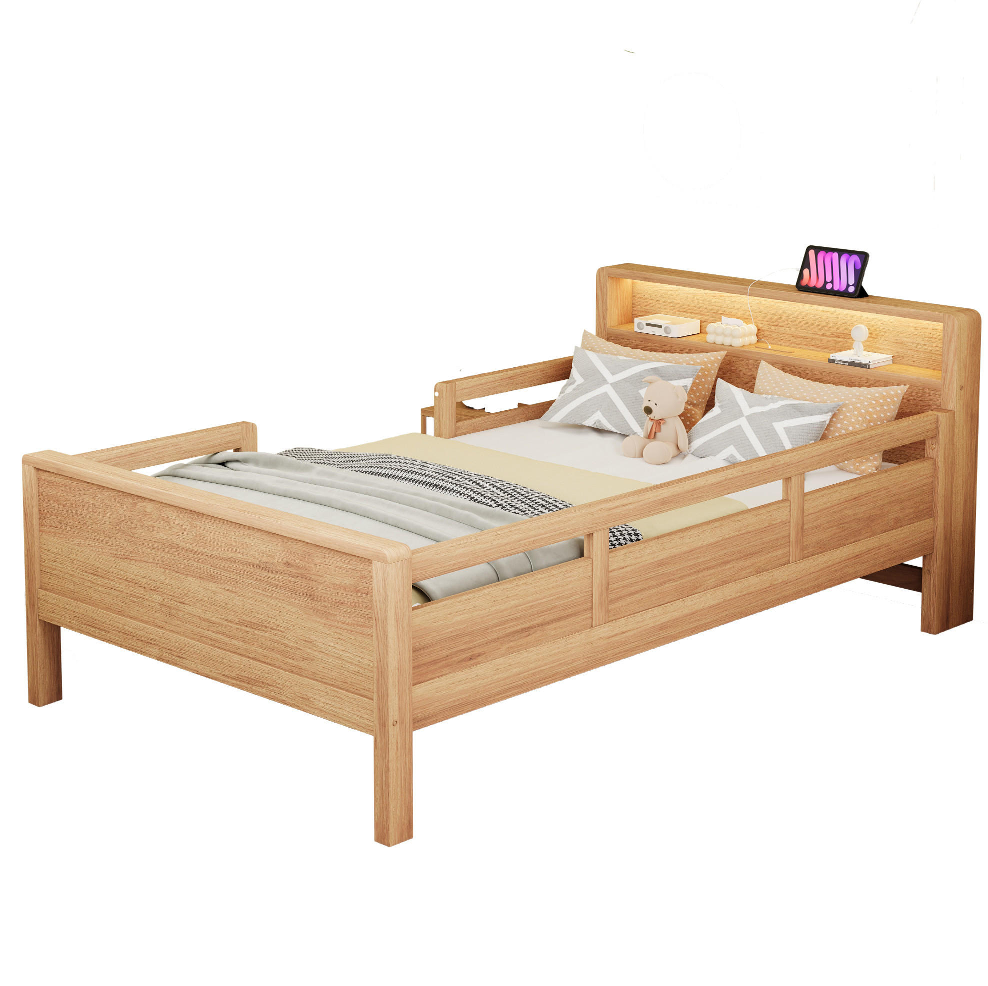 KINDERBETT 90/200 cm mit LED-Leuchte, USB- und Type-C-Anschluss, Kopfteil mit Ablage und Seitengittern, farbe - Naturfarben, Holzwerkstoff (90/200cm) - Redom