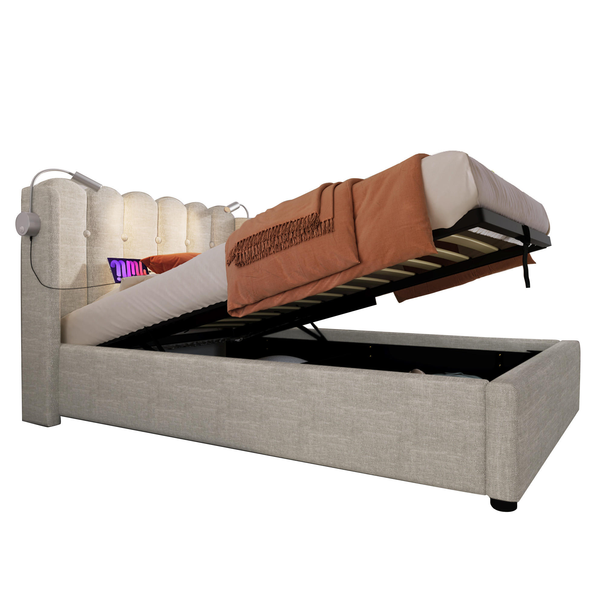 POLSTERBETT 90/200 cm Beige mit Leselicht und Ladefunktion Mit Matratze - Beige, Textil (90/200cm) - OKWISH