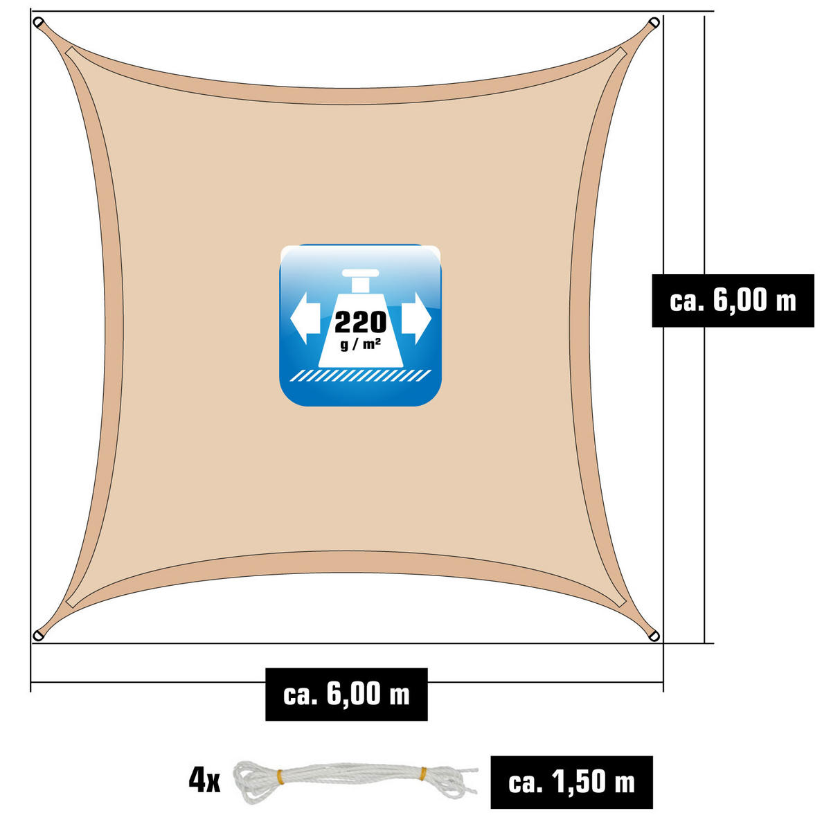 UV-SONNENSEGEL 6/6 m, Viereckig, Wasserdurchlässig, Beige - Beige, Kunststoff (600/600cm) - Amanka