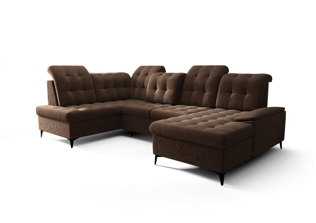 WOHNLANDSCHAFT KONGO RBN17, Eckcouch in U-Form mit Schlaffunktion, Farbe: Dunkelbraun, Velourstoff, Ottomane Rechts - Dunkelbraun, Textil (343/107/210cm) - O-Sofa