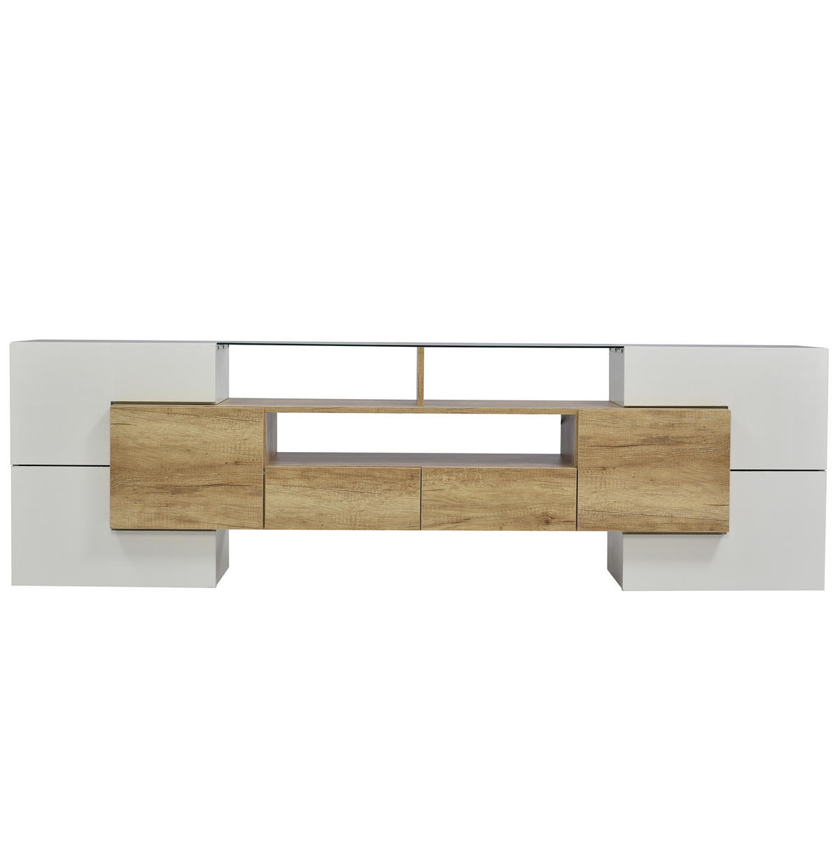 LOWBOARD 200/35/60 cm in Hochglanz Weiß und Holzfarbe mit LED-Beleuchtung - Weiß, Holzwerkstoff (200/60/35cm) - Flora Grace