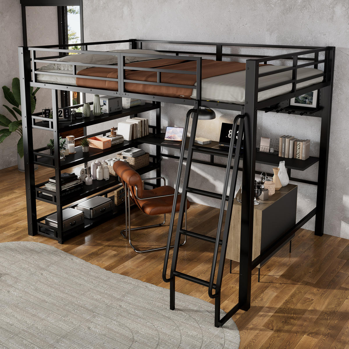 HOCHBETT 140/200 cm mit Ladeanschluss, Ablagen und Stauraum aus Metall und Holzwerkstoff, Schwarz - Schwarz, Metall (140/200cm) - Redom