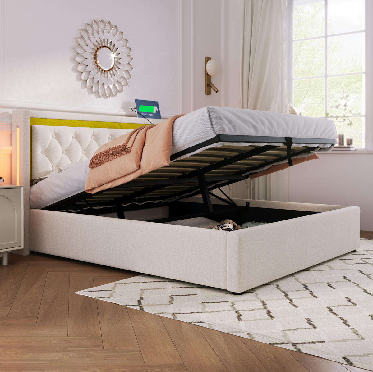 POLSTERBETT mit Baumwollbezug 140x200 cm Hellbeige mit Bettkasten, LED und USB-/USB-C-Anschlüssen - Beige, Textil (140/200cm) - IVMEU