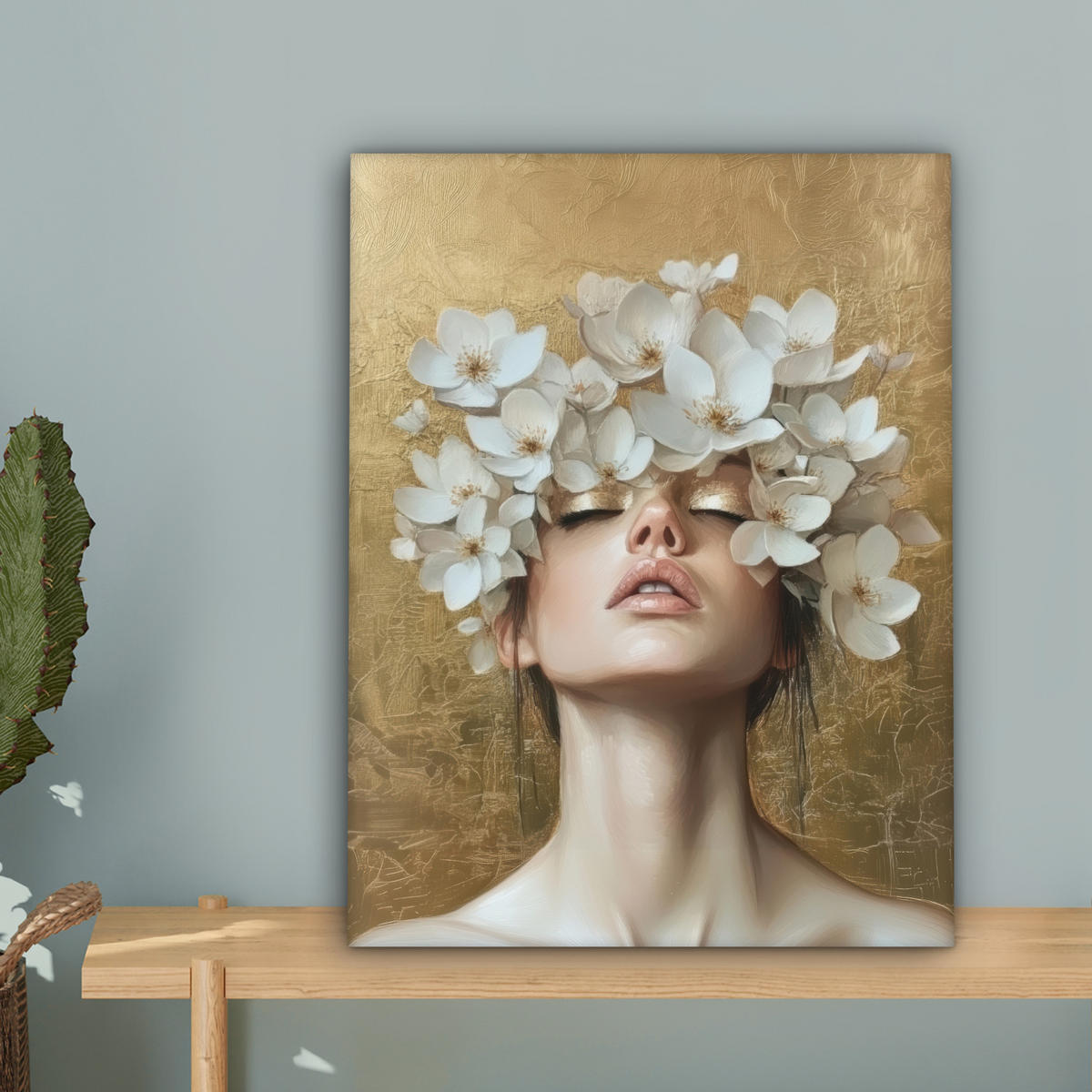 LEINWANDBILD Gesicht - Blumen - Gold - Abstrakt Room Decor 30x40 cm - Goldfarben, Textil (30/40cm) - MuchoWow