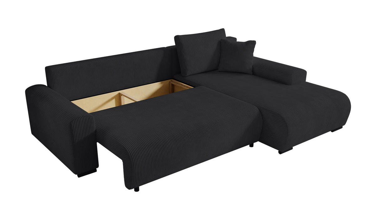 ECKSOFA Nelly mit Bettkasten und Schlaffunktion, Cordstoff in L-Form - Schwarz, Textil (270/185cm)