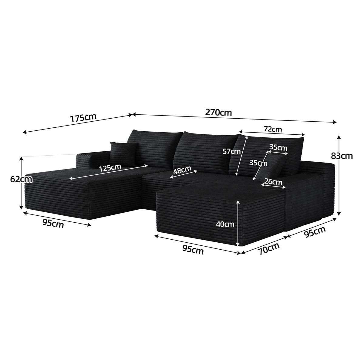 WOHNLANDSCHAFT DE-34857 U-Form 2-Sitzer Chaiselongue links Schwarz - Schwarz, Textil (175/83/270cm) - ComfortXL
