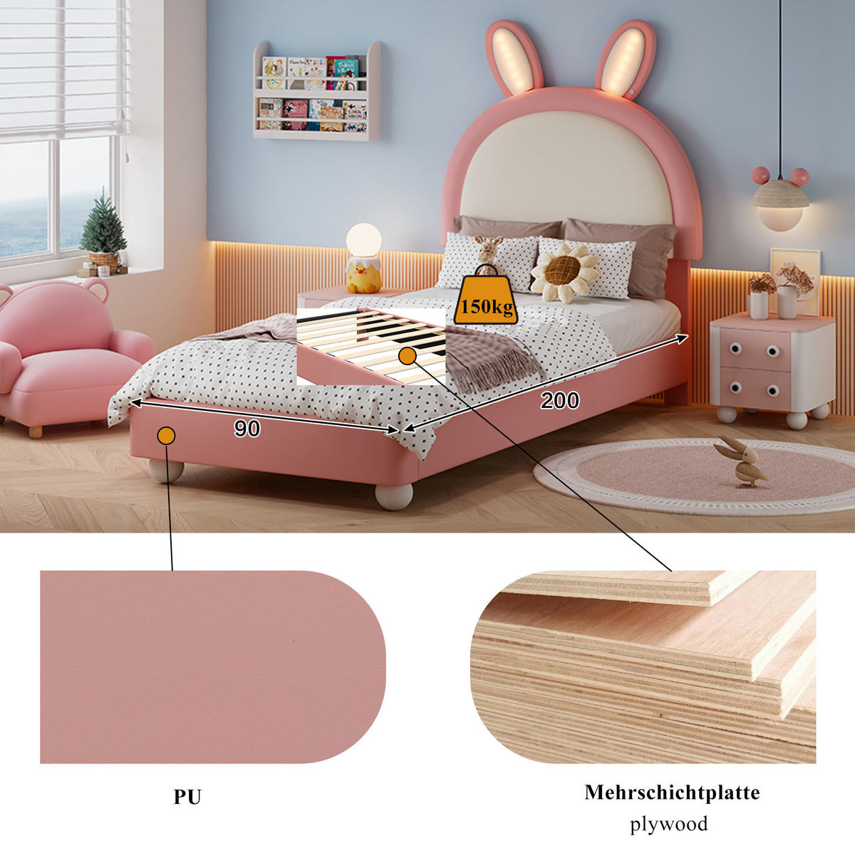 KINDERBETT Polsterbett 90/200 cm aus PU mit LED-Lichtleiste und Hasen-Kopfteil Rosa/Weiß - Weiß, Kunststoff (90/200cm) - Modenvie