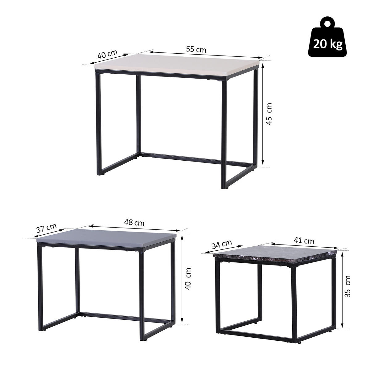 COUCHTISCH-SET, MDF, Weiß+Grau+Schwarz - Weiß, Kunststoff (55/40/45cm) - HOMCOM