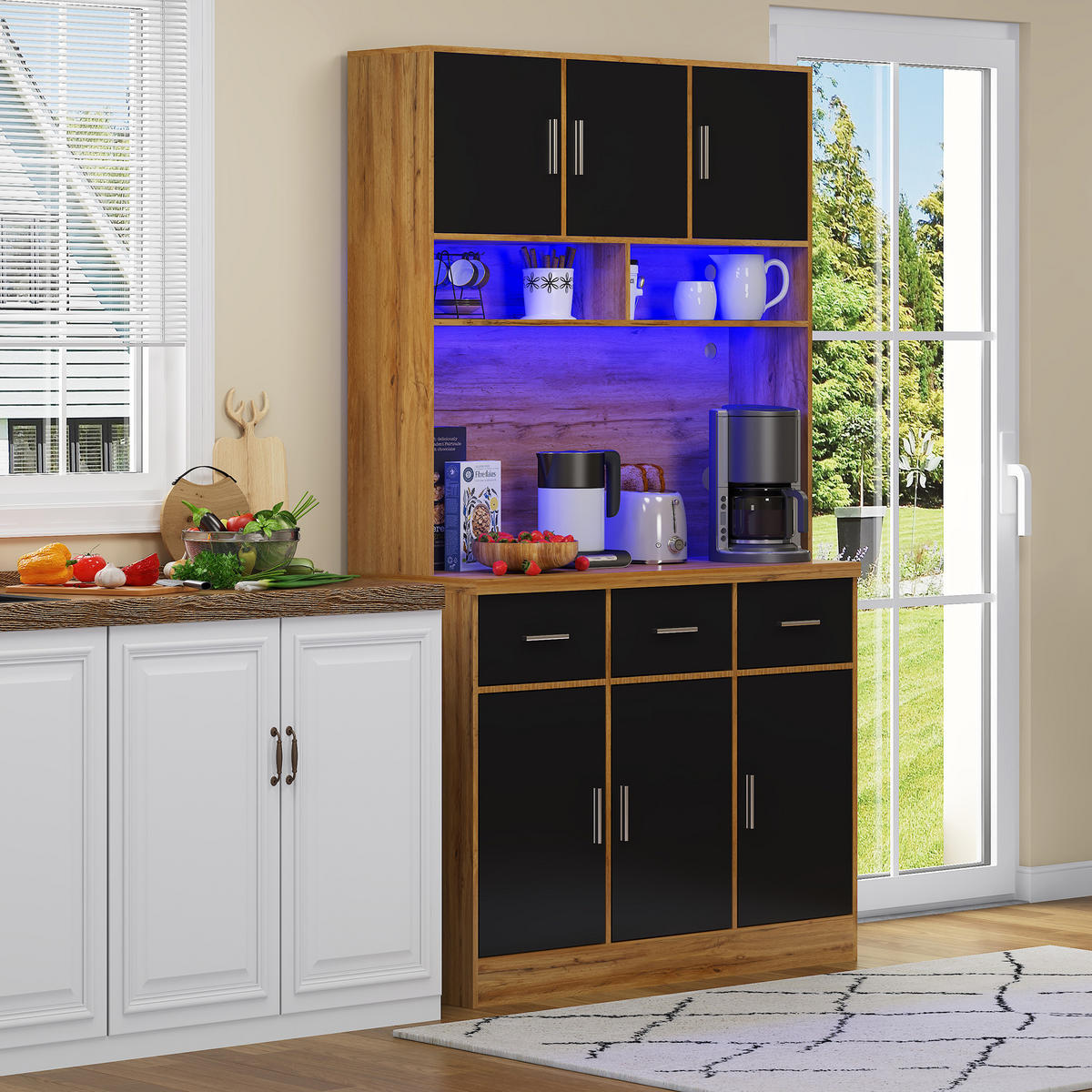 KÜCHENBUFFET in Schwarz und Naturfarbe Küchenschrank mit LED und Schubladen für Küchen und Esszimmer, B100/T40/H180 cm - Schwarz, Holzwerkstoff (100/180/40cm) - STILVORA