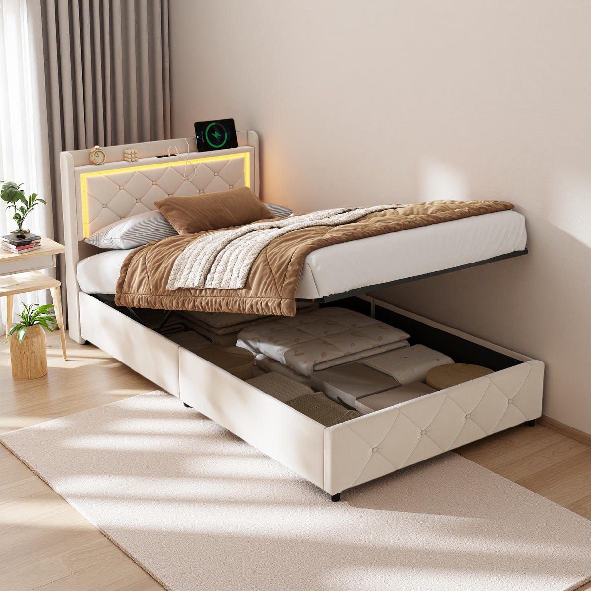ČALÚNENÁ posteľ 90x200 cm béžová zamatová LED úložná jednotka s USB - béžová, kov - SHOPENTRA