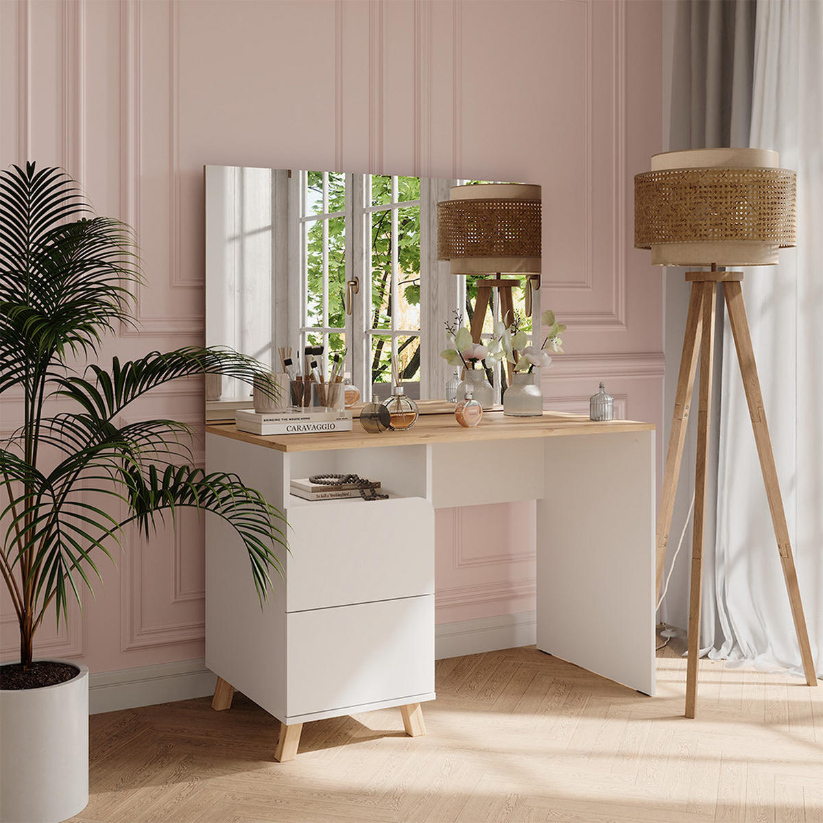 SCHMINKTISCH Karen Weiß/Artisan 110 cm mit Spiegel - Weiß/Eiche Artisan, Holzwerkstoff (110/75/55cm) - Vicco