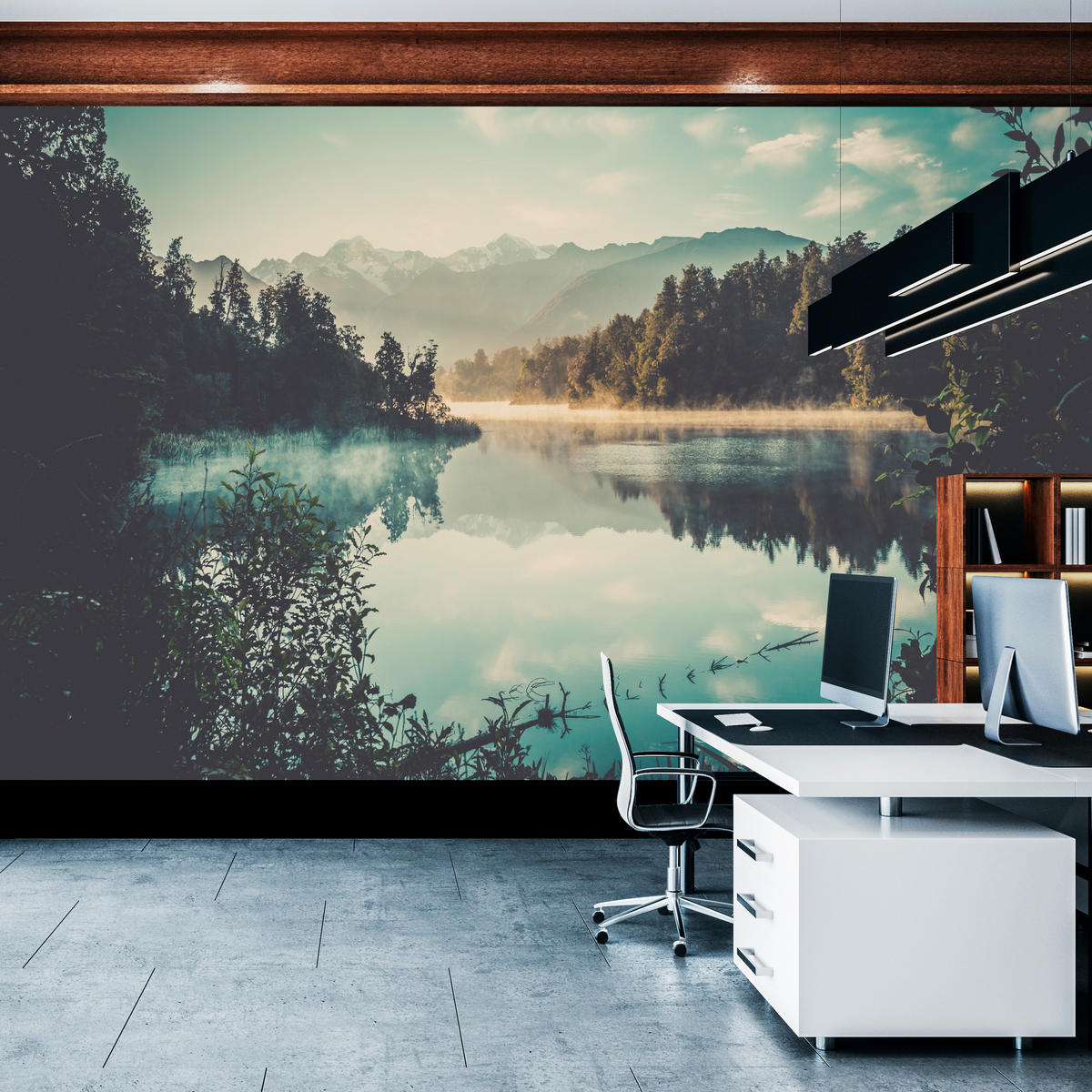 FOTOTAPETE für Esszimmer Bergsee Wald Bäume Nebel 200x140 - Türkis/Gelb, Papier (200/140cm) - Muralo